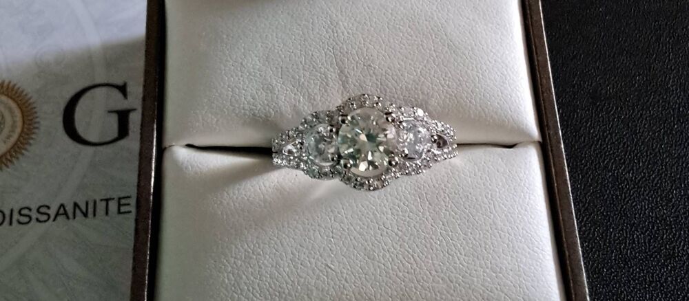 CERTIFIED GRA 2.1 Ct. Three Stone & Accent Moissanite Bridal/Engagement Ring #8